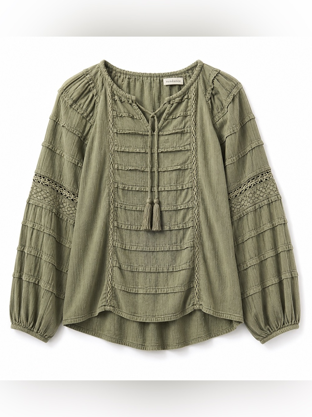 Sundance Boho Peasant Blouse Lace Tassel Olive Green Medium